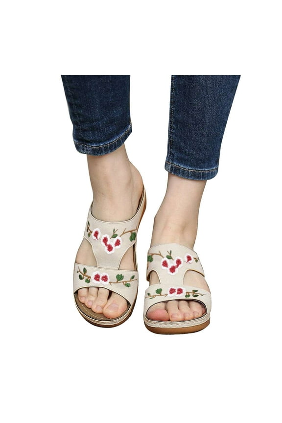 Orthopedic Sandals for Women Arch Support Wedge Slip On Slide Embroidery Flower Comfortable Walking Shoes