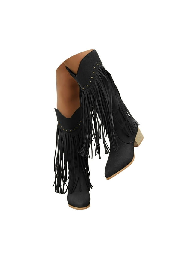 Retro Fringe Cowboy Boots for Women Wide Calf Chunky Heel Studded Tassal Cowgirl Knee High Booties