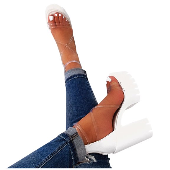 Juosiy Sandals for Women Platform Heels Chunky Open Toe Block Fashiong Ankle Transparent Straps Shoes