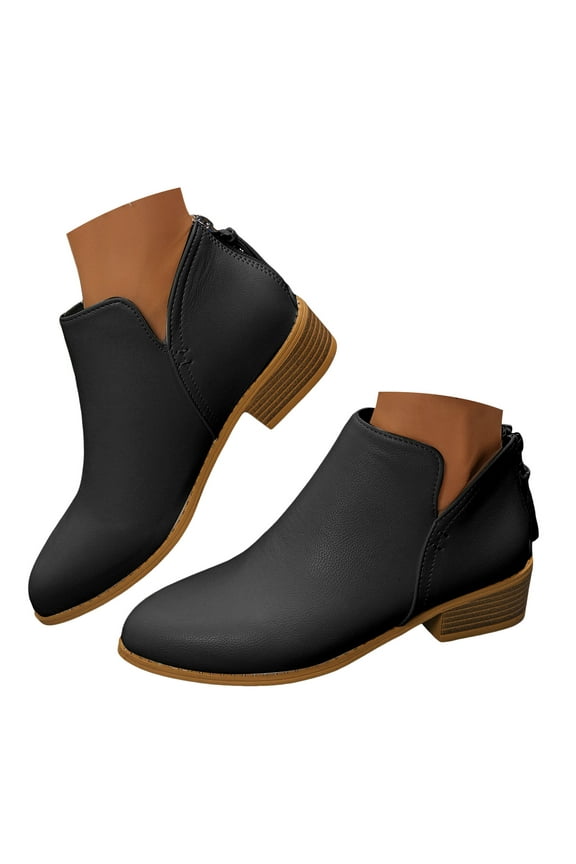 Short Boots for Women Pointed Toe Faux Suede Low Stacked Heel Western Ankle Booties