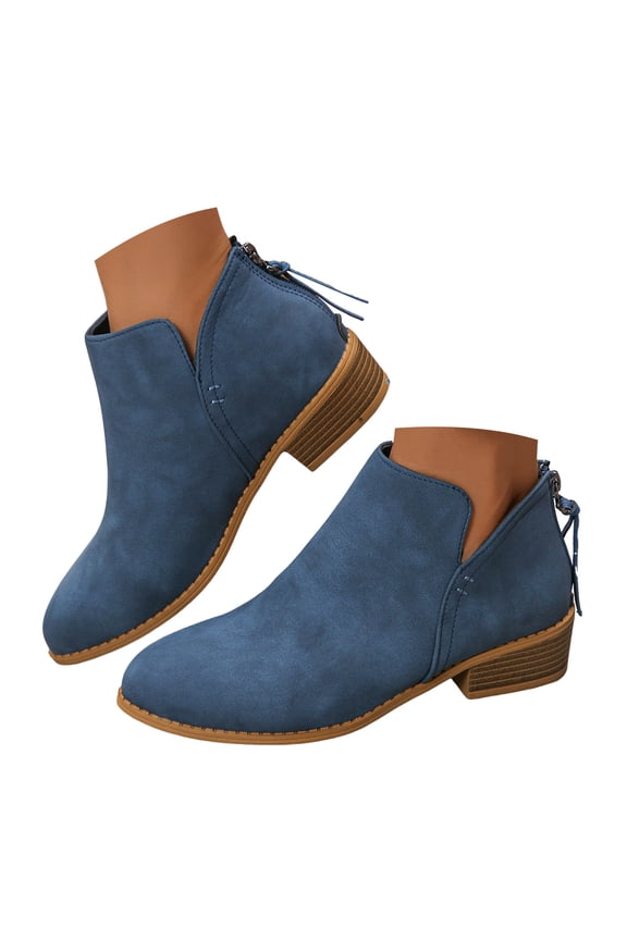 Short Boots for Women Pointed Toe Faux Suede Low Stacked Heel Western Ankle Booties