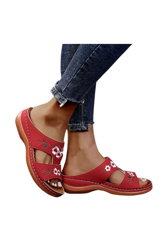 Womens Floral Slide Sandals Double Strap Breathable Walking Shoes Wedge Shoes Summer Sandals