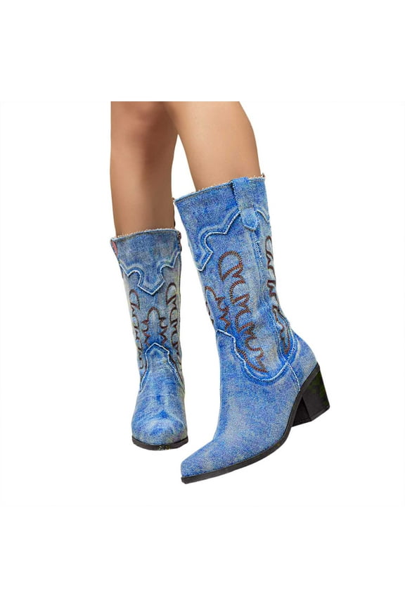 Western Cowboy Boots for Women Knee High Wide Calf Cowgirl Boots with Classic Embroidered