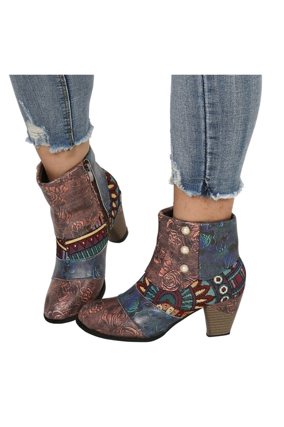 Women Ankle Boots Slip On Color Blocked Comfortable Low Heel Dressy Booties with Side Zipper