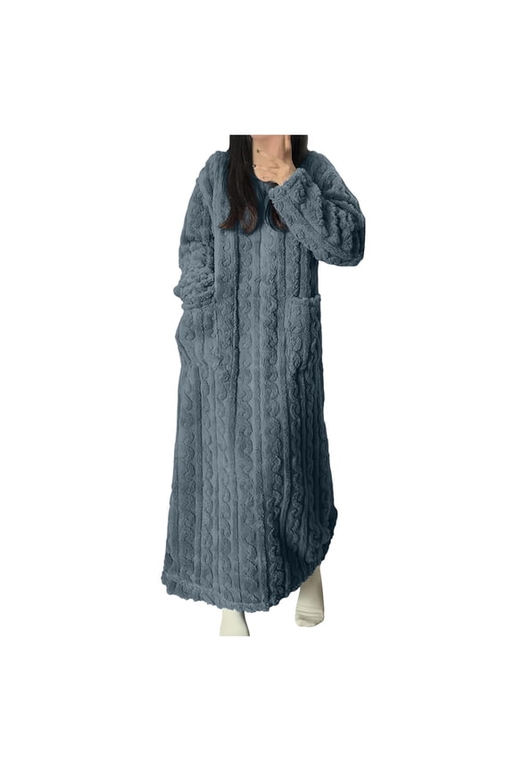 Women Autumn and Winter Coral Fleece Nightgown Casual Solid Color Warm Boat Neck Long Sleeve Long Nightdress
