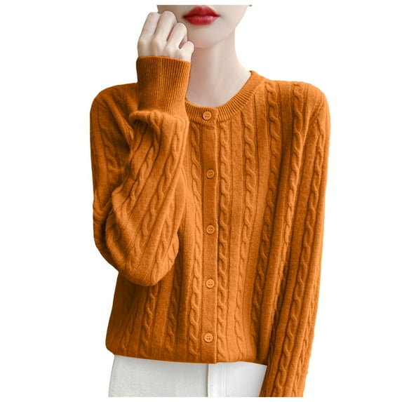 Juosiy Women Autumn and Winter Lightweight Knitted Sweater Round Neck Long Sleeve Versatile Wool Cardigan