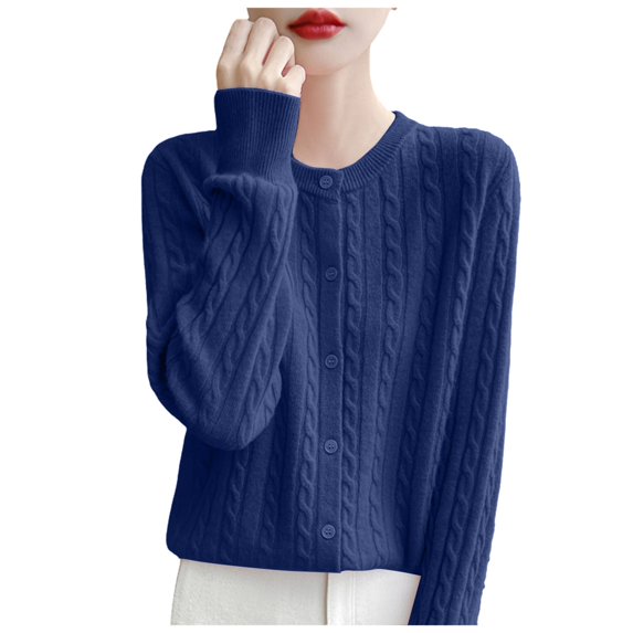 Juosiy Women Autumn and Winter Lightweight Knitted Sweater Round Neck Long Sleeve Versatile Wool Cardigan