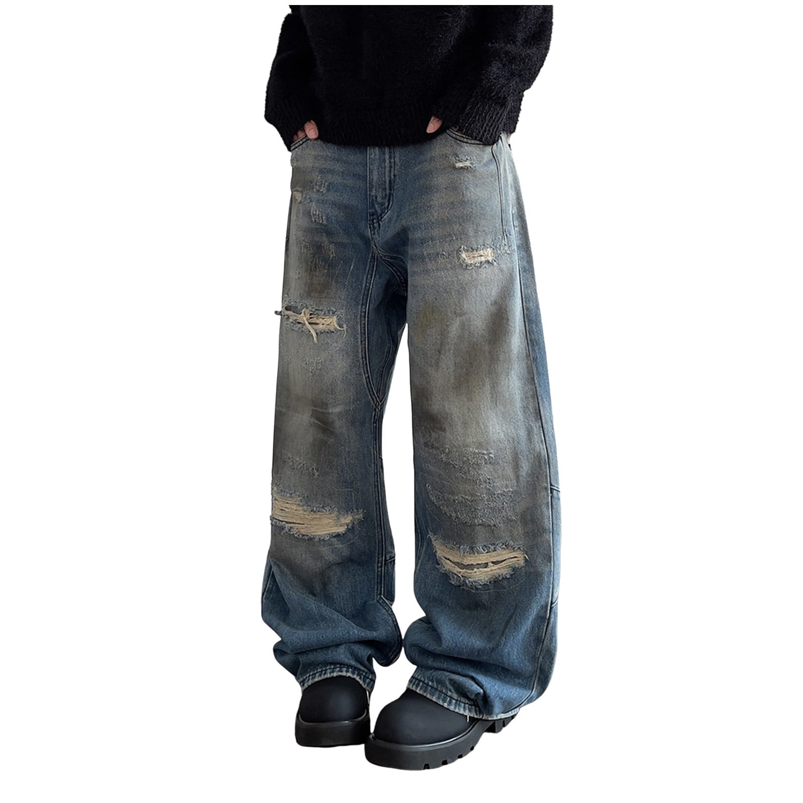 Fashion Denim Button Pocket Ripped Raw Edge Loose Jeans