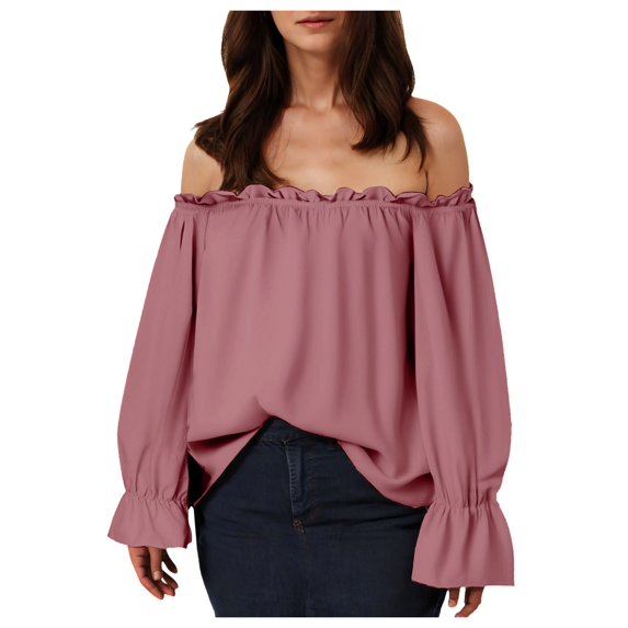 Juosiy Women's Off-the-Shoulder Blouse Fashion Solid Color Ruffle Long Sleeve Chiffon Blouse Casual Loose Shirts