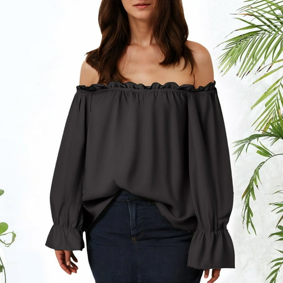 Juosiy Women Fashion Ruffled Off-the-Shoulder Shirts Tops Casual Solid Color Lantern Sleeve Chiffon Blouse