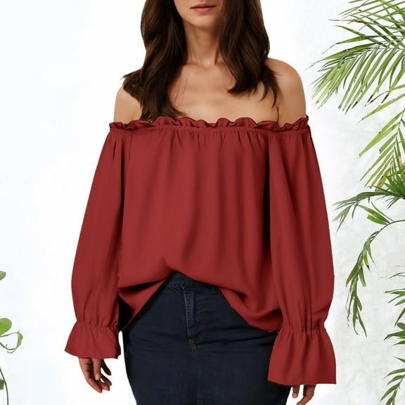 Juosiy Women Fashion Ruffled Off-the-Shoulder Shirts Tops Casual Solid Color Lantern Sleeve Chiffon Blouse