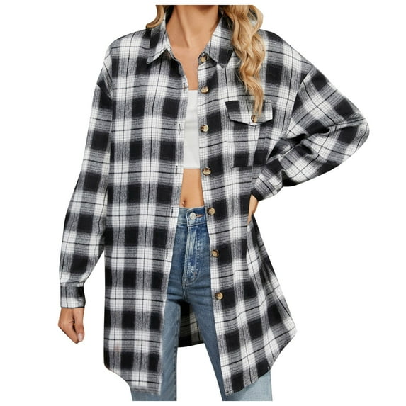 Juosiy Women's Casual Plaid Flannel Shacket Shirts Outwear Fashion Long Sleeve Single Fall Blouse Jacket Coat Tops