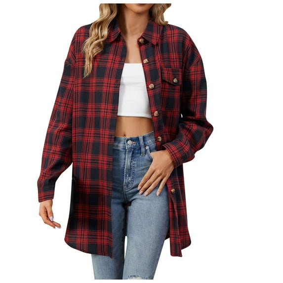 Juosiy Women's Casual Plaid Flannel Shacket Shirts Outwear Fashion Long Sleeve Single Fall Blouse Jacket Coat Tops