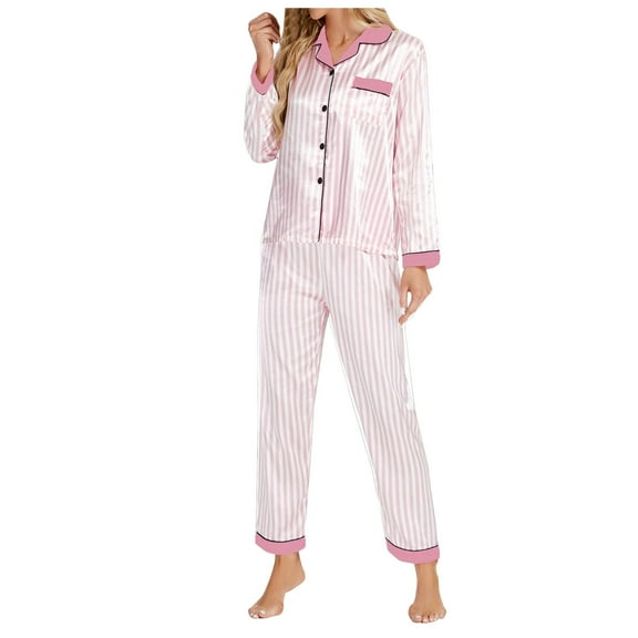 Juosiy Women Pink Striped Ice Silk Pajamas Soft Comfy Long Sleeve Shirts and Long Pants Sleepwear Home Clothing
