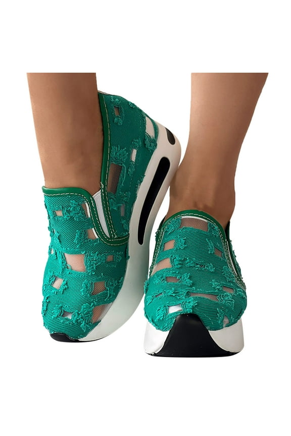 Women Platform Wedge Walking Work Sneakers Slip on Loafers Arch Support Hollow out Canvas Shoes