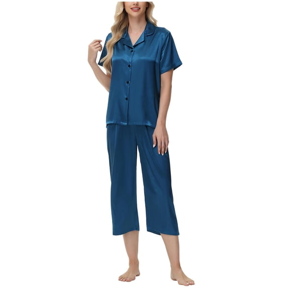 Juosiy Women Simpe Fashion Ice Silk Satin Sleepwear Solid Color Smooth Lapel Short Sleeve Capri Pajamas Home Suit
