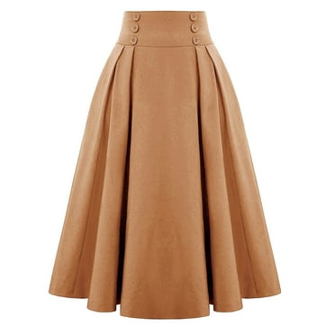Juosiy Women Stylish Solid Color High Waist Skirts Vintage Casual Pleated Long Skirts