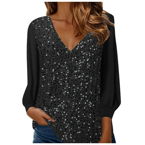 Juosiy Women Stylish Sparkling Sequin V Neck Tops Loose Solid Color Long Sleeve Thin Formal Shirts