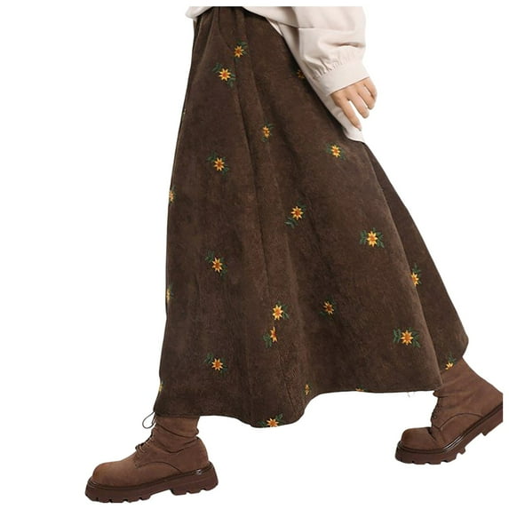 Juosiy Women Vintage Solid Color Corduroy A-Line Skirt Autumn and Winter Embroidered Floral Mori First Love Over The Knee Dress