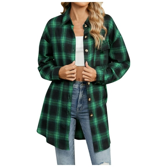 Juosiy Women's Casual Plaid Flannel Shacket Shirts Outwear Fashion Long Sleeve Single Fall Blouse Jacket Coat Tops