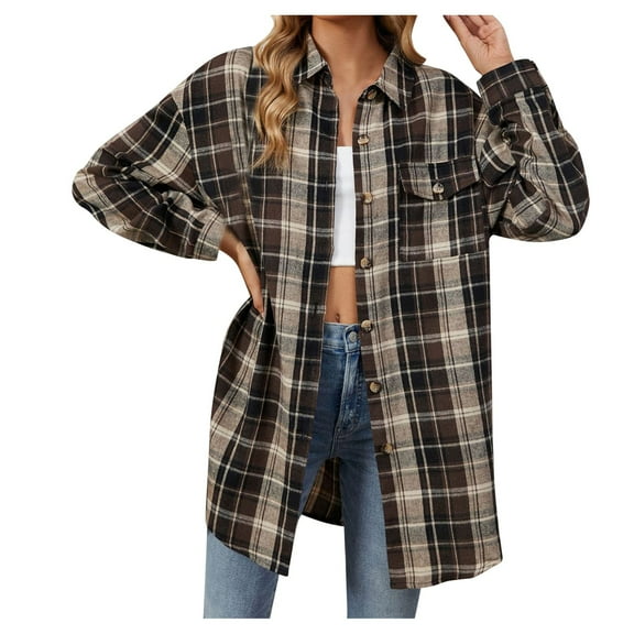 Juosiy Women's Casual Plaid Flannel Shacket Shirts Outwear Fashion Long Sleeve Single Fall Blouse Jacket Coat Tops