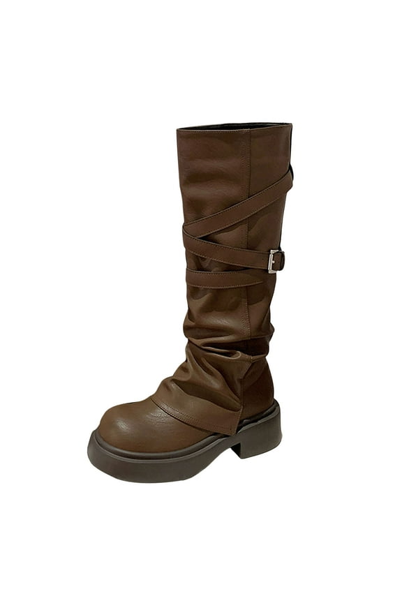Women's Combat Riding Platform Knee High Boots Comfortable Platform Moto Buckle Dress Fold Over Boots