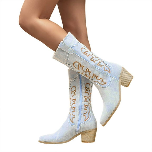 Juosiy Western Cowboy Boots for Women Knee High Wide Calf Cowgirl Boots with Classic Embroidered