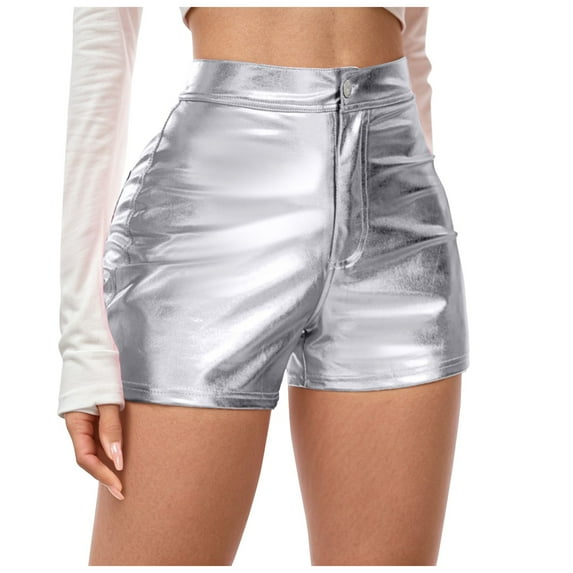 Juosiy Women's Fashion Casual Metallic Glossy Leather Shorts Spice Carnival Party Solid Color High Waist Shorts with Pockets