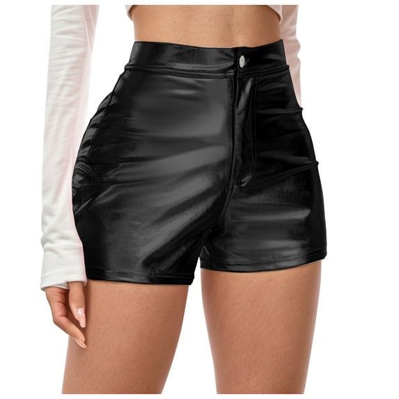 Juosiy Women's Fashion Casual Metallic Glossy Leather Shorts Spice Carnival Party Solid Color High Waist Shorts with Pockets