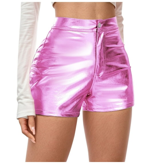 Juosiy Women's Fashion Casual Metallic Glossy Leather Shorts Spice Carnival Party Solid Color High Waist Shorts with Pockets