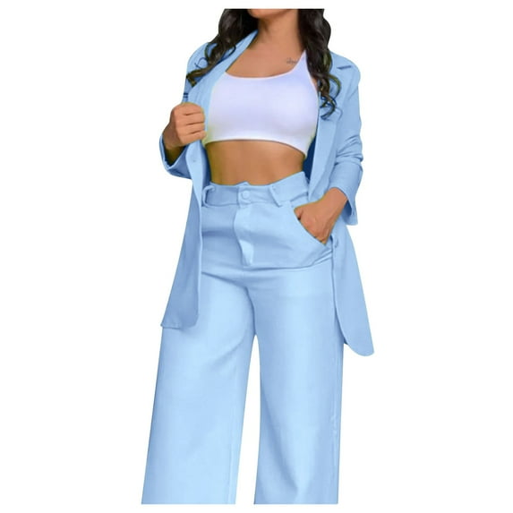 Juosiy Women's Fashion Elegance Solid Color Front Open Long Sleeve Lapel Suit with Pocket ant Straight Trouser Suit