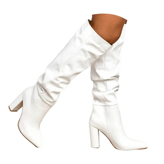 Juosiy Women's Fashion Low Chunky Heel Zipper Slouchy Mid-Calf Boots Fashion Point Toe Dressy Shoes