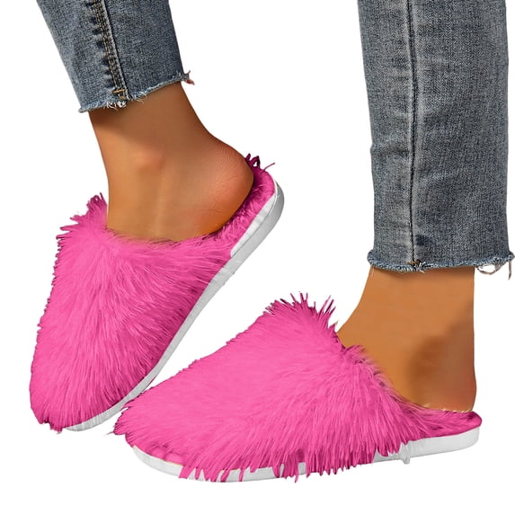 Juosiy Women's Faux Furry Slippers Flat Cute Fluffy Bedroom Indoor Outdoor Long Hair Slip on Slide Shoes