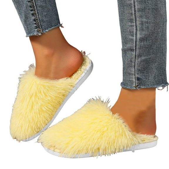 Juosiy Women's Furry Slippers Flat Cute Fluffy Bedroom Indoor Outdoor Long Hair Slip on Slide Shoes