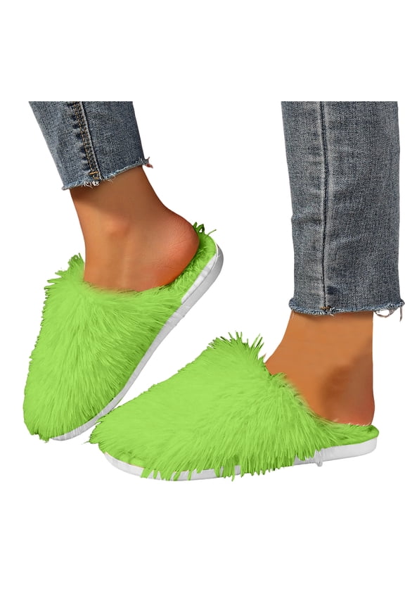 Women's Faux Furry Slippers Flat Cute Fluffy Bedroom Indoor Outdoor Long Hair Slip on Slide Shoes