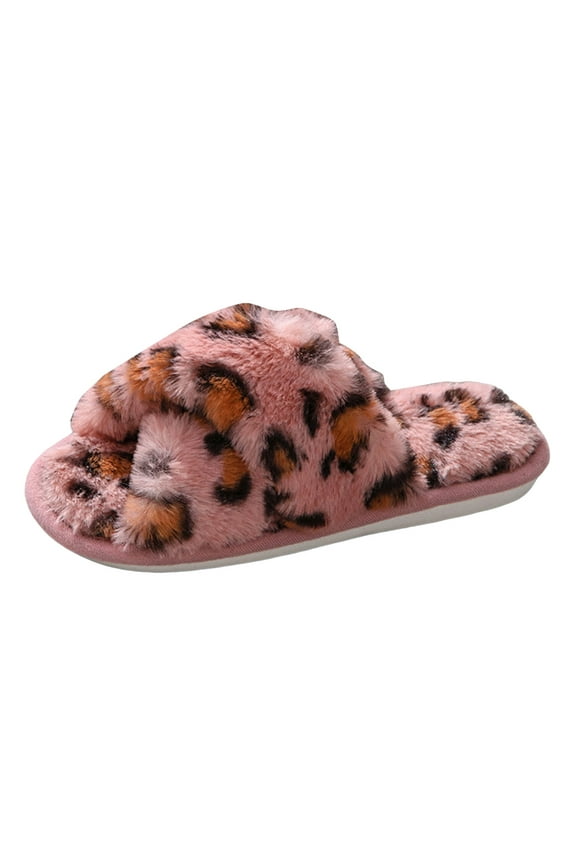 Women's Fuzzy Slippers Leopard Print Crossband Memory Foam Bedroom Slide Open Toe Walking Shoes
