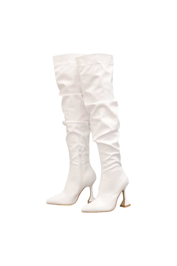 Women's Knee High Kitten Mid Heel Leather Pointed Toe Side Zipper Fall Long Tall Boots