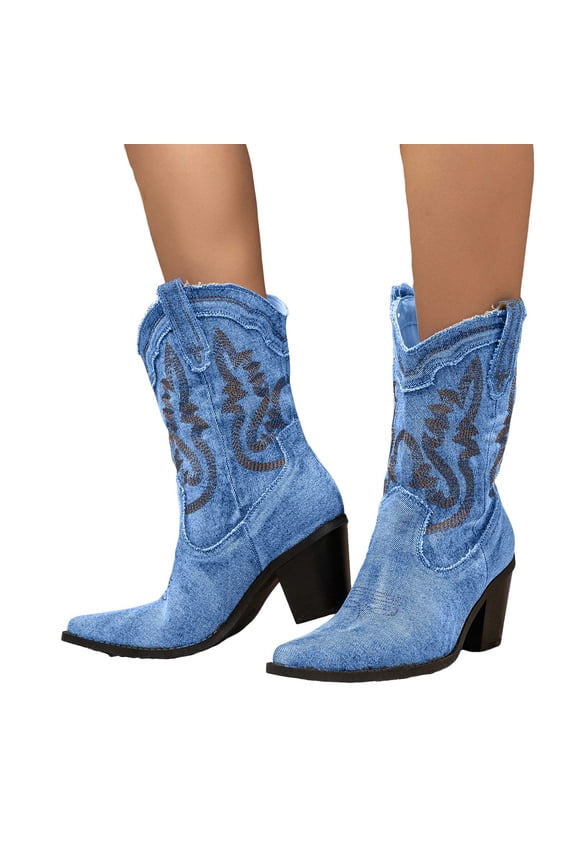 Womens Cowboy Boots Embroidered Western Cowgirl Mid Calf Boots with Block Chunky Heel