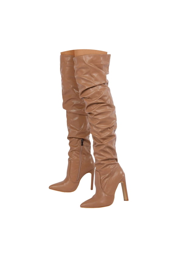 Women's Over The Knee Boots Comfortable Chunky Heel Leather Thigh High Pointed Toe Shoes
