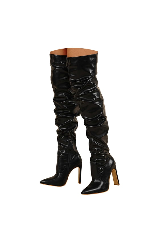 Women's Over The Knee Boots Comfortable Chunky Heel Leather Thigh High Pointed Toe Shoes