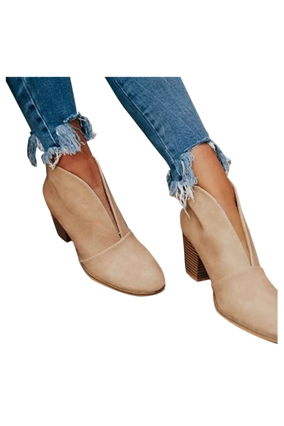 Women's Short Ankle Boots Low Chunky Heel Western Breathable Leather Work Dreesy Booties