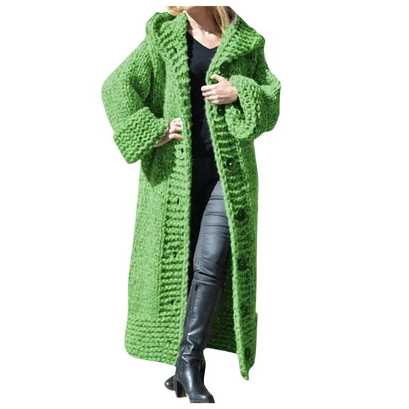 Juosiy Women's Solid Color Long Hooded Sweater Coat Casual Plus Size Long Sleeve Cable Knit Single Coat