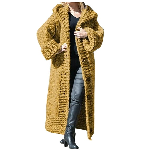 Juosiy Women's Solid Color Long Hooded Sweater Coat Casual Plus Size Long Sleeve Cable Knit Single Coat