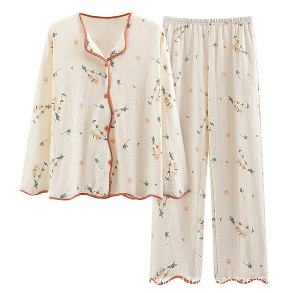 Juosiy Women's Spring and Autumn Long Sleeved Shirts and Trousers Pajamas Sets Casual Comfortable Printed Sleepwear