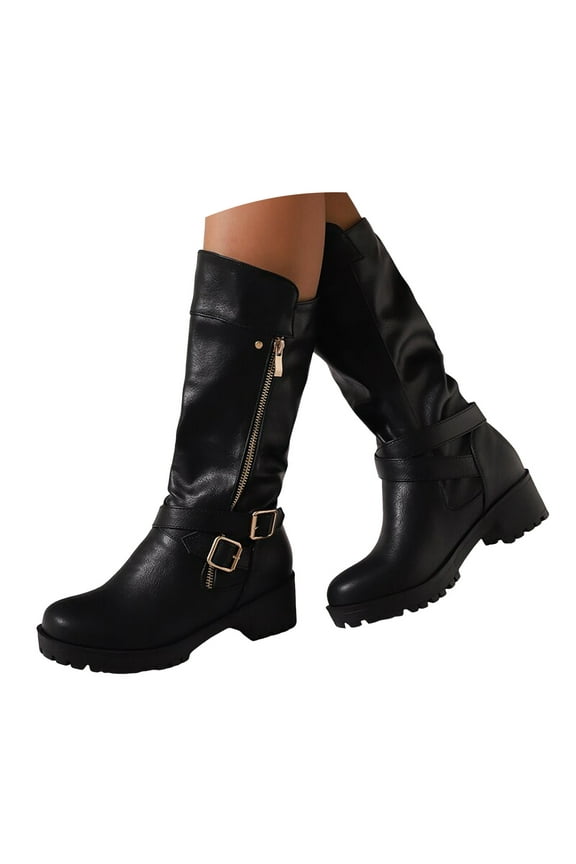 Women's Stretch Knee High Boots Low Block Heel Buckle Strap Side Zip Casual Riding Booties
