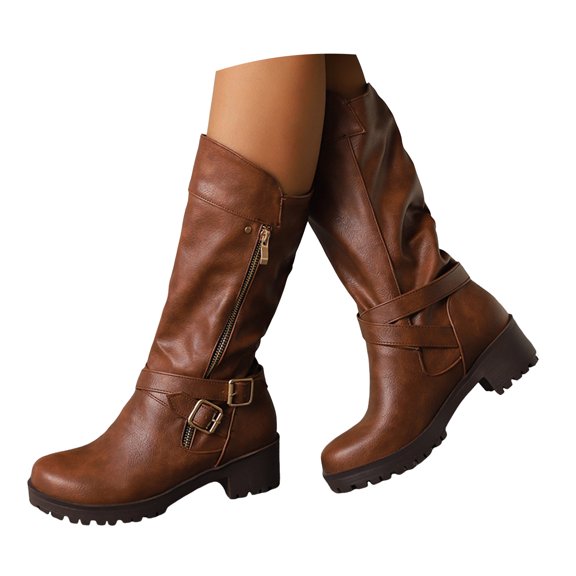 Juosiy Women's Stretch Knee High Boots Low Block Heel Buckle Strap Side Zip Casual Riding Booties