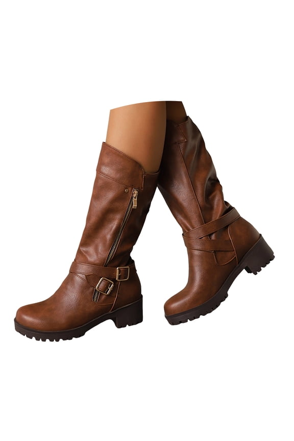 Women's Stretch Knee High Boots Low Block Heel Buckle Strap Side Zip Casual Riding Booties