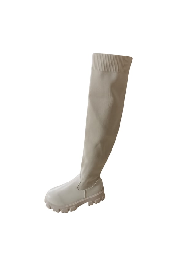 Women's Stretch Knit Over The Knee Boots Comfortable Platform Block Mid Heel Sock Combat Booties