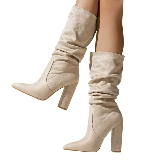 Juosiy Women's Wide Calf Slouchy Boots Suede High Heel Side Zip Stacked Block Work Booties