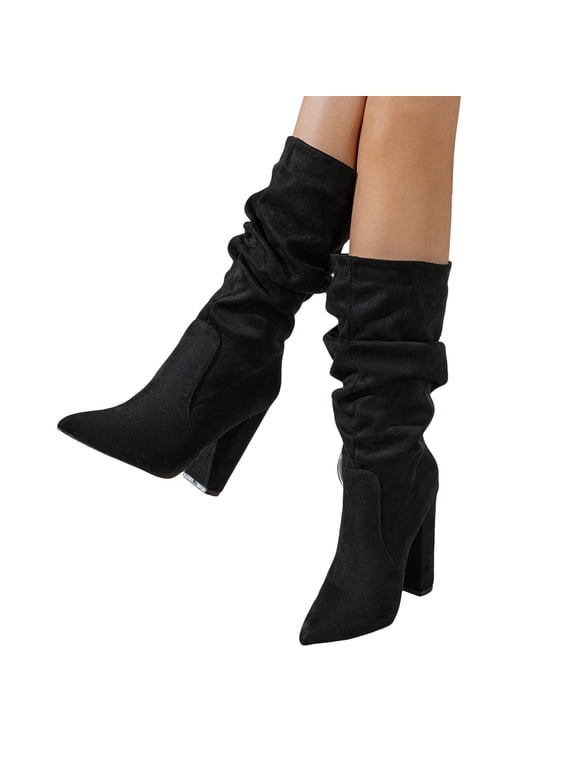 Women's Wide Calf Slouchy Boots Suede High Heel Side Zip Stacked Block Work Booties